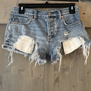 We the Free Denim Booty Shorts Blue Cutoff Button Fly Distressed Women's Size 24